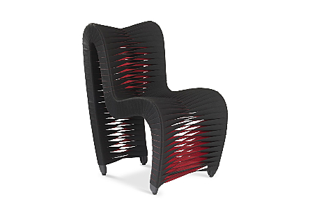 angled view of the Phillips Collection Seat Belt Black and Red Dining Chair which is made of straps woven to create a sculptural shape from interlocking bands
