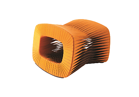 angled view of the Phillips Collection Seat Belt Orange Ottoman which is made of straps woven to create a sculptural shape from interlocking bands