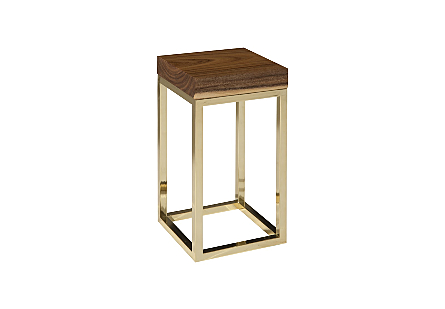 angled view of the Phillips Collection Hayden Natural End Table with a natural chamcha wood top nestled into a plated brass frame