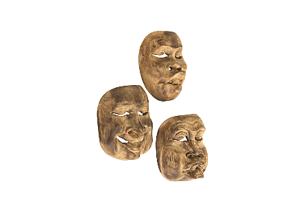 Indonesian Masks, Set of 3, Teak Wood, Assorted