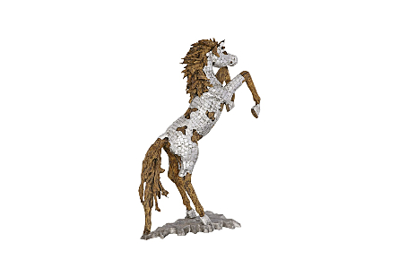 Mustang Horse Armored Sculpture Rearing, Wood Base