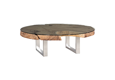 Suar Slice Coffee Table Stainless Steel Legs, With Glass