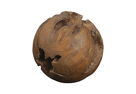 front view of the Phillips Collection Large Teak Wood Ball a decorative sculpture cut from a large tree root and honed into a ball with fissures