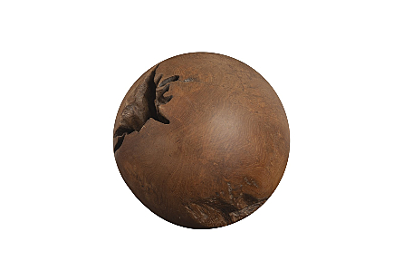 front view of the Phillips Collection Medium Teak Wood Ball a decorative sculpture cut from a large tree root and honed into a ball with fissures