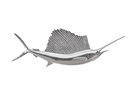 front view of the Phillips Collection Sail Fish Silver Wall Sculpture a fish sculpture to hang on the wall made of composite in a silver leaf finish