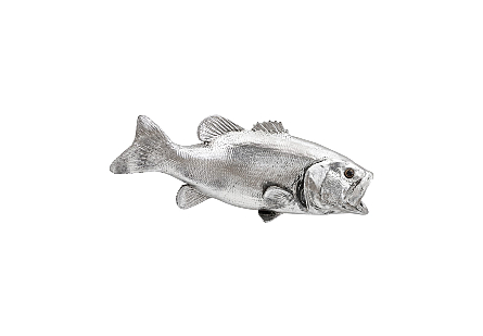 Large Mouth Bass Fish Wall Sculpture Resin, Silver Leaf