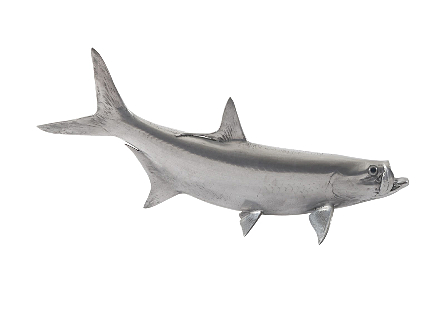 front view of the Phillips Collection Tarpon Gray Wall Sculpture a fish sculpture to hang on the wall made of composite in a polished aluminum finish