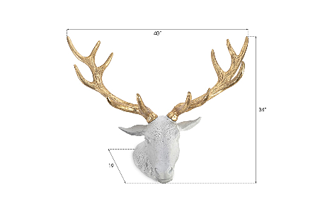 Stag Deer Head White, Gold Leaf