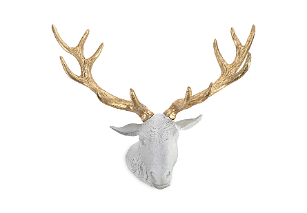 front view of the Phillips Collection Stag Deer Head Wall Art a white sculpture of a deer head that is made of composite with gold antlers