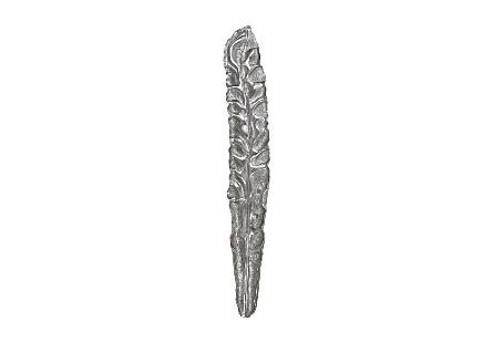 front view of the Phillips Collection Petiole Colossal Liquid Silver Wall Leaf B made of composite in a liquid silver finish and sized for rooms with high ceilings