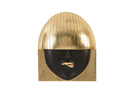 front view of the Fashion Faces Large Pout Black Wall Art by Phillips Collection a black and gold wall sculpture shaped like a pretty girl with bangs