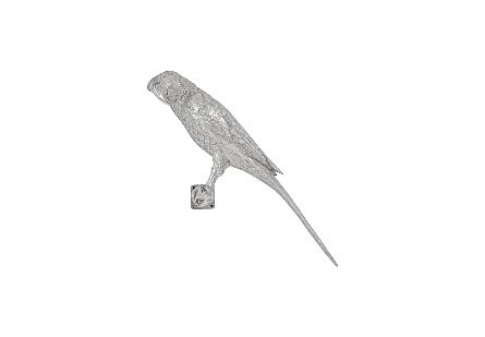 side view of the Parrot Facing Left Wall Art by Phillips Collection a silver bird wall sculpture in the shape of a perky parrot