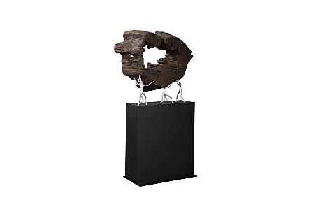 Atlas Sculpture on Stand Teak Wood/Iron, Silver