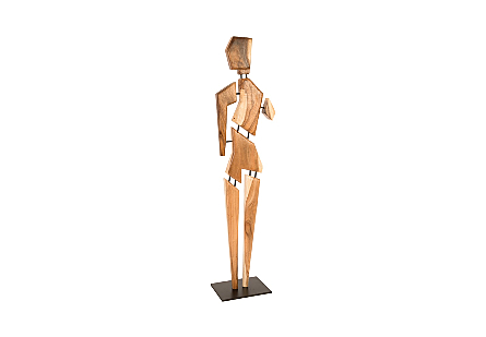 angled view of the Phillips Collection Jack Wood Sculpture that is handcrafted from asymmetrical pieces of solid acacia wood mounted on a sleek iron base
