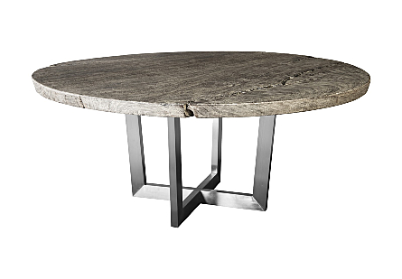 Chuleta Round Dining Table on Stainless Steel Base Gray Stone