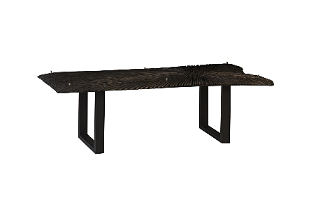 Chainsaw Dining Table with Glass Burnt Black, Black Iron U Legs